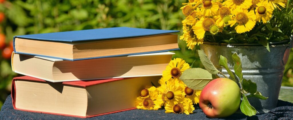 books, nature, read, garden, sun bride, apple, literature, used books, relax, outdoors, stacked, stack, still life